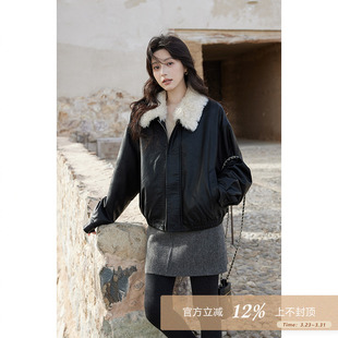 夕蒙2025新款 韩系酷炫风小个子夹棉独特小众保暖毛领皮衣外套 冬季