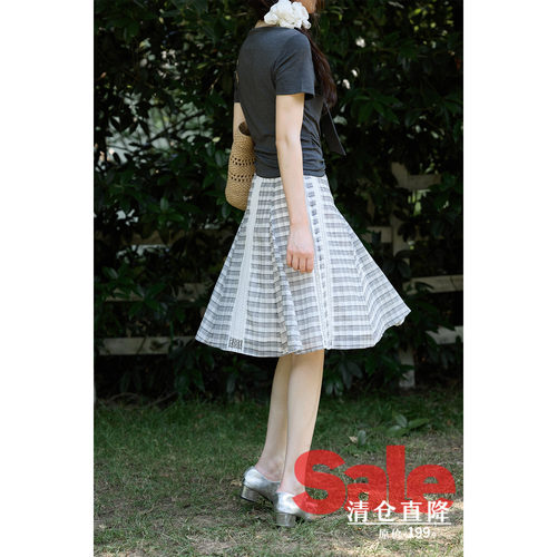 【夏末清仓】夏季韩系高级好看裙子中长款蕾丝拼接白色格纹半身裙