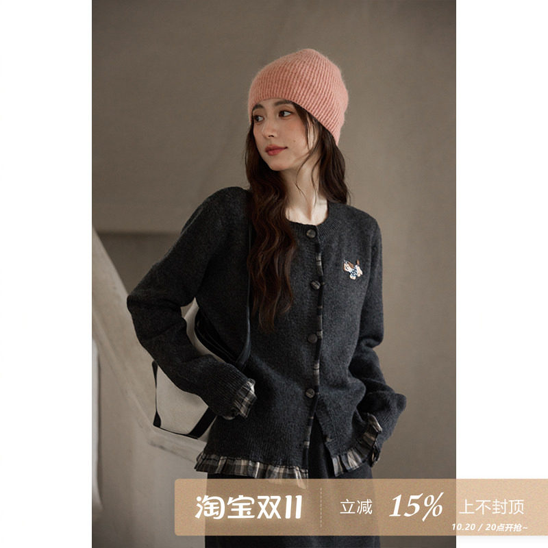 夕蒙2026新款秋冬韩系深花灰拼接毛衣开衫女假两件格纹花边针织衫