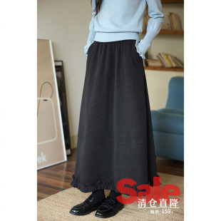 韩系裙子高级小个子小众独特拼接深灰毛呢半身裙 冬季 清仓秒杀
