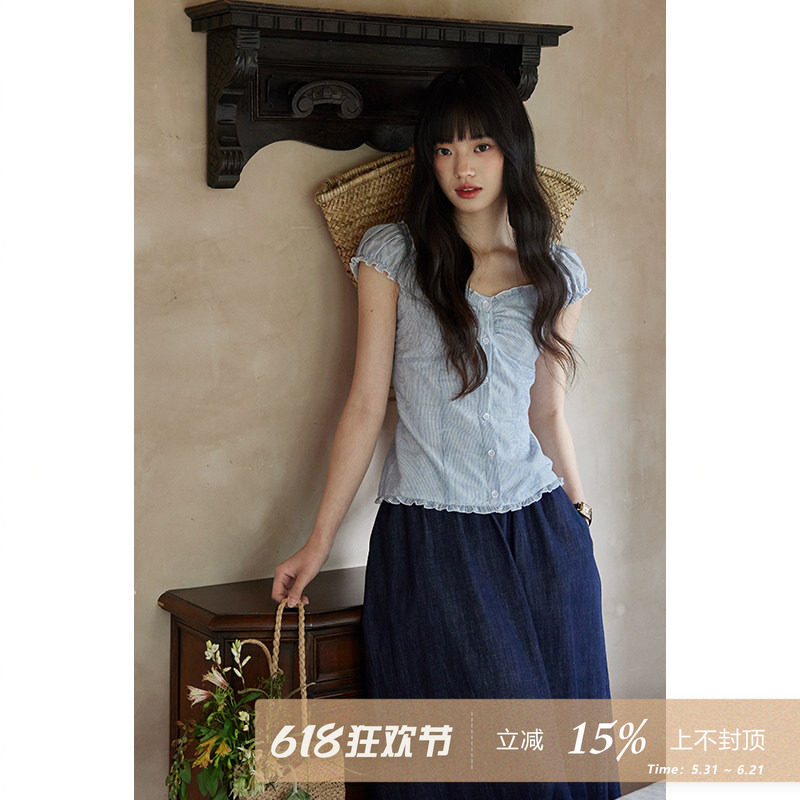 夕蒙2026新款夏韩系气质上衣减龄洋气高级感小众时尚蓝色条纹衬衫