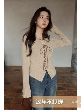 夕蒙2026新款春秋韩式慵懒chic上衣气质设计感洋气修身v领绑带t恤