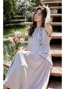 夕蒙2026新款夏韩系温柔气质裙子小众小个子无袖不规则紫色连衣裙