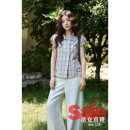 【夏末清仓】夏季韩系气质漂亮上衣通勤紫色娃娃领泡泡袖格纹衬衫