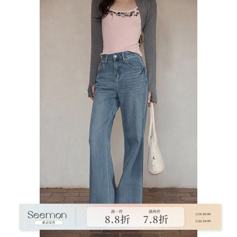 【夕蒙新品】春季韩系裤子喇叭裤小个子高腰小众阔腿浅蓝牛仔裤女,女装/女士精品,牛仔裤,淘宝优惠券,粉丝福利购,淘宝优惠卷