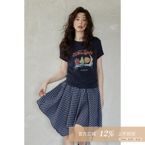 夕蒙2026新款夏设计感小众上衣短款减龄时尚高级藏蓝圆领短袖t恤