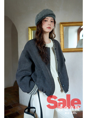 【清仓秒杀】秋冬韩系气质上衣小个子绝美巨好看小众深灰拼接外套