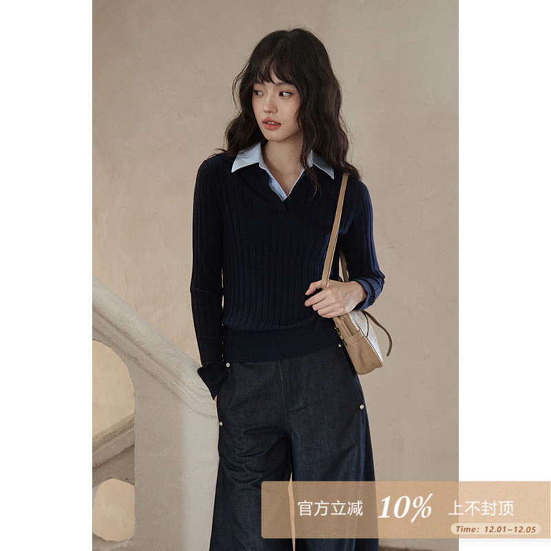 夕蒙2025新款秋韩系气质上衣小个子小众时尚洋气翻领藏蓝色针织衫