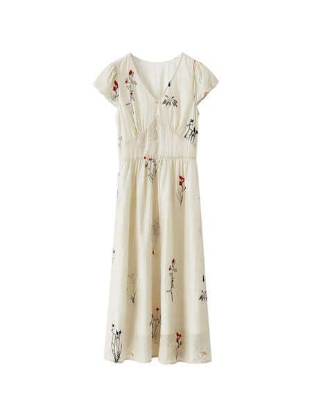 Cream floral print short-sleeve midi dress on a white background