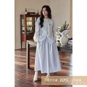 半身裙套装 夕蒙2026新款 春秋韩系小个子气质减龄小众蓝色条纹衬衫