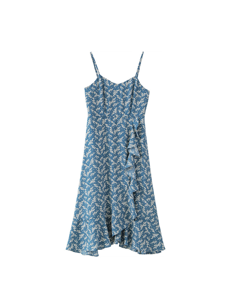 Blue floral spaghetti-strap dress with ruffle detail on a white background