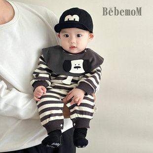 帅气男宝宝卡通连身衣新生儿条纹长袖 爬服 婴儿衣服春秋装 2026新款