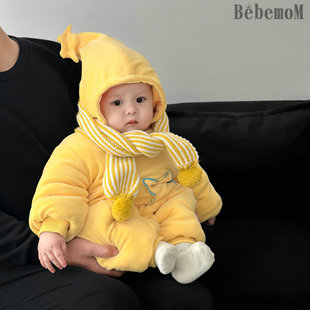 婴幼儿冬款连体衣星星人可爱简单爬服暖阳色调爬爬服加绒加厚奥粒