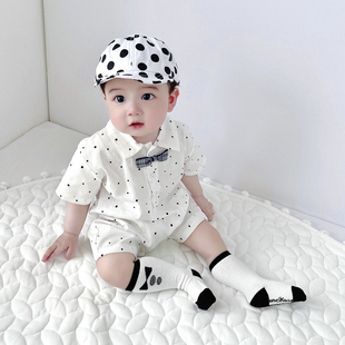 韩版夏季男宝婴幼儿爬服小清新圆点翻领绅士连体衣周岁休闲爬服