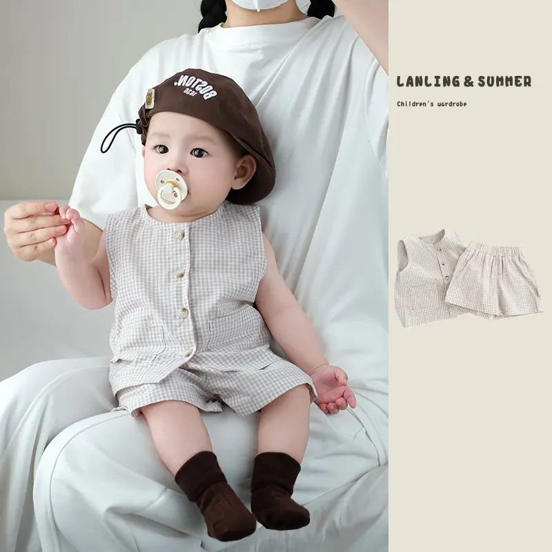 宝宝薄款背心套装夏装男童洋气马甲格子短裤两件套儿童外出服夏天