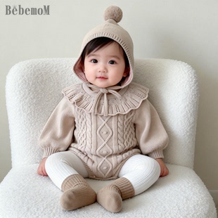 婴幼儿秋冬春装加绒加厚连体哈衣新款女宝宝卡其荷花领爬服