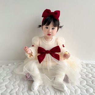 公主裙春秋1-3岁女童周岁礼服裙子洋气大红蝴蝶结针织网纱连衣裙
