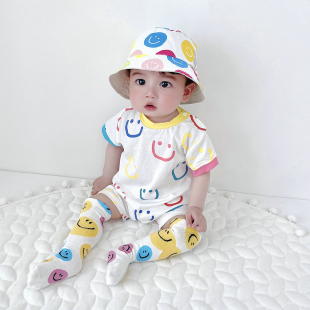夏季短袖哈衣撞色笑脸包屁衣男宝宝洋气韩版休闲爬爬服婴儿0-2岁