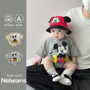 版权保护!潮款婴幼儿三角包屁衣套装卡通米老鼠男女宝宝外出衣服