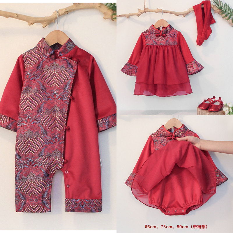 秋冬季男女婴儿红色唐装汉服新年服宝宝加绒加厚保暖外出服连体衣