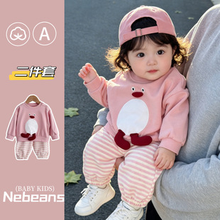 【企鹅上衣+条纹裤子】乐宾潮款韩版宽松婴幼儿男女宝衣服套装春
