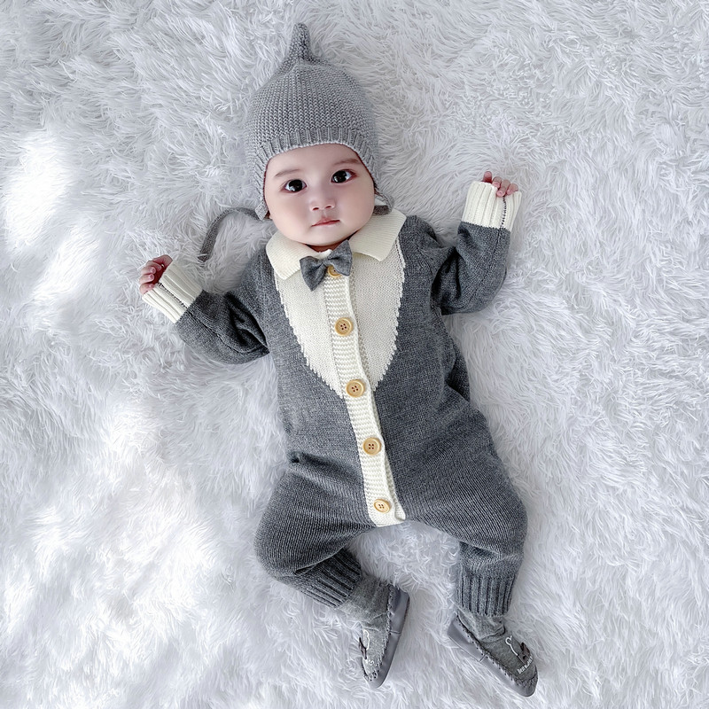 男宝宝婴幼儿秋冬春季满月百日周岁礼服绅士针织领结连体哈衣爬服