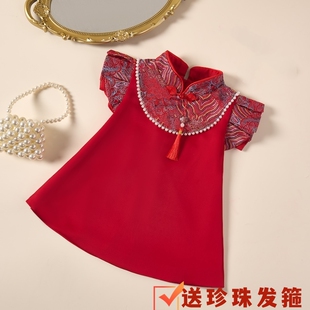 周岁新中式礼服长袖2025新款酒红色儿童抓周唐装国风旗袍女连衣裙
