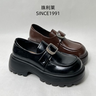 珠利莱2025新款真皮厚底乐福鞋女金属扣一脚蹬百搭小皮鞋厚底女鞋
