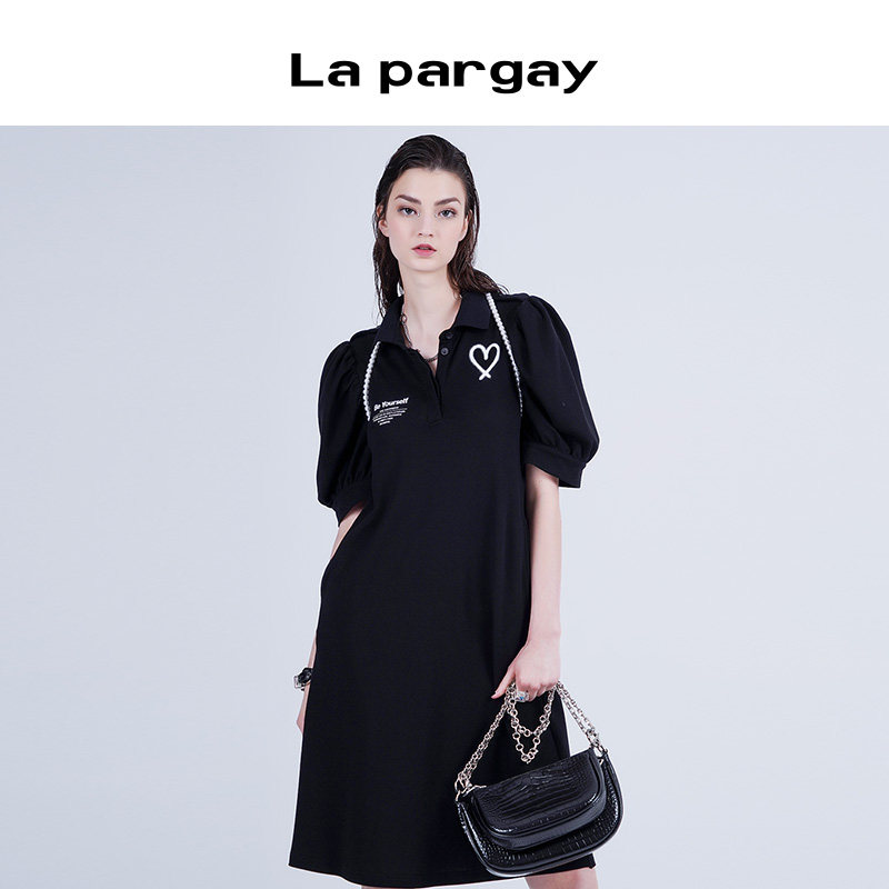 La pargay纳帕佳轻奢风POLO领针织连衣裙女黑色泡泡袖收腰修身裙
