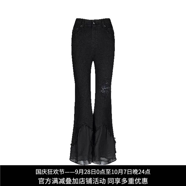 纳帕佳哥特风黑色破洞喇叭裤女