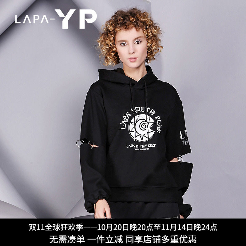 纳帕佳La paY－P冬宽袖口圆环字母印花套头衫休闲上衣潮流卫衣女