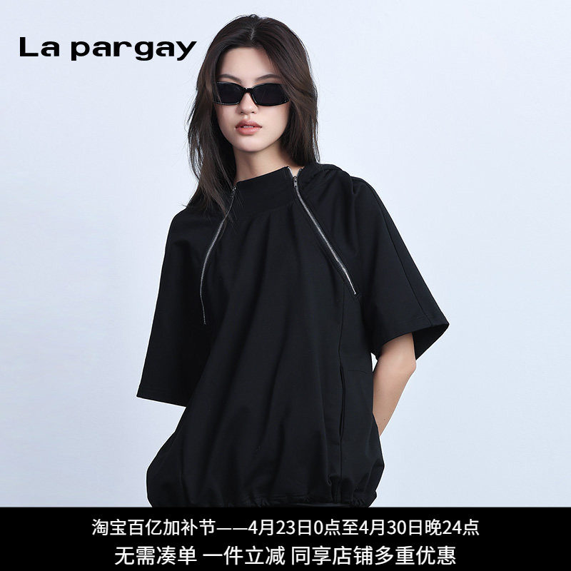 纳帕佳两穿拉链开口连帽卫衣女2024夏季新款黑色个性休闲宽松上衣