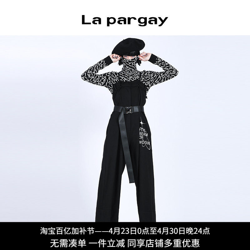 纳帕佳收腰阔腿连体裤2023秋冬新款女式黑色个性休闲宽松长款裤子