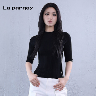 La pargay纳帕佳黑色半高领肌理感针织衫女修身五分袖套头打底衫
