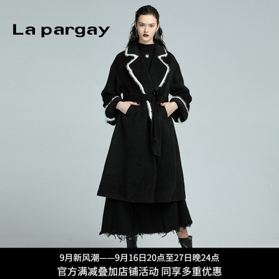 Lapargay纳帕佳秋冬款女装冬季黑色中长款针织大衣毛呢外套风衣