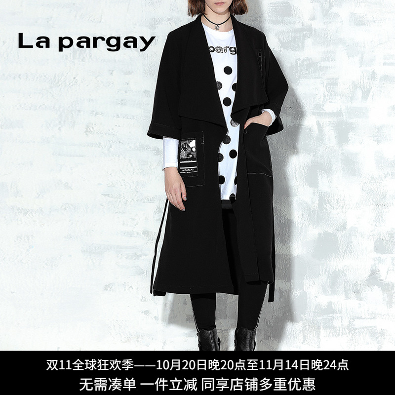 Lapargay纳帕佳秋季新款欧美时尚撞色口袋压线大衣五分袖女外套
