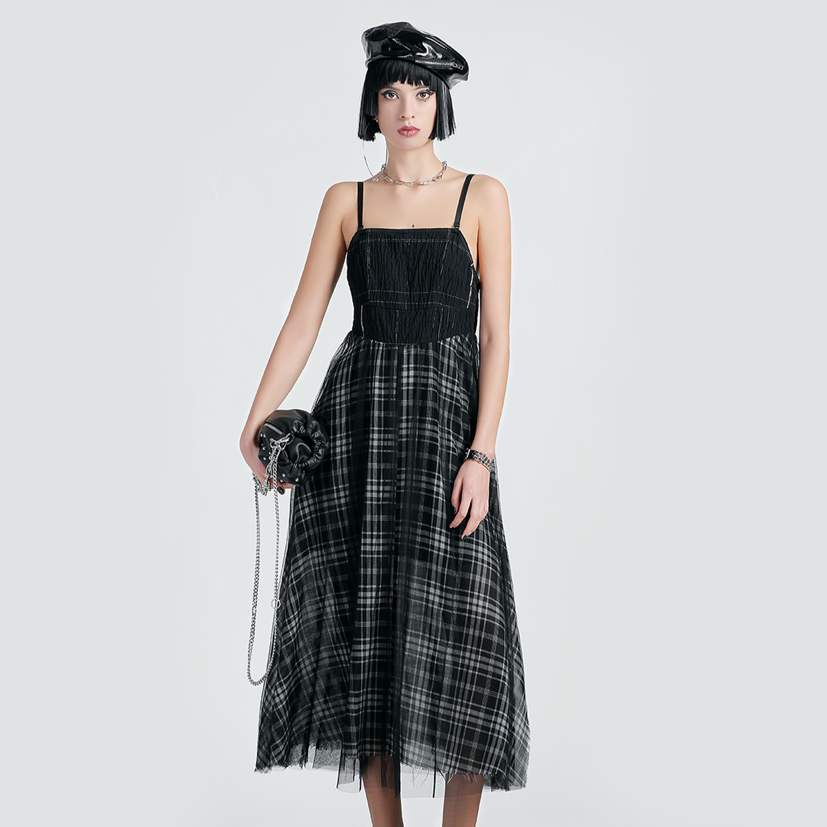 Lapargay格纹百搭时尚吊带裙