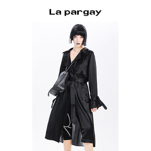 Lapargay纳帕佳2023新款女装黑色上衣外套个性时尚长袖宽松长风衣