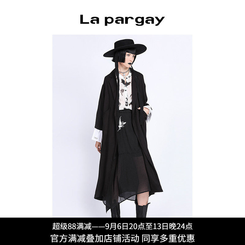 Lapargay纳帕佳春秋款女装黑色中长款风衣休闲宽松外套长袖大衣