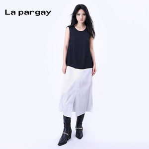 La pargay纳帕佳2023秋冬撞色拼接无袖连衣裙气质中长款小众裙子