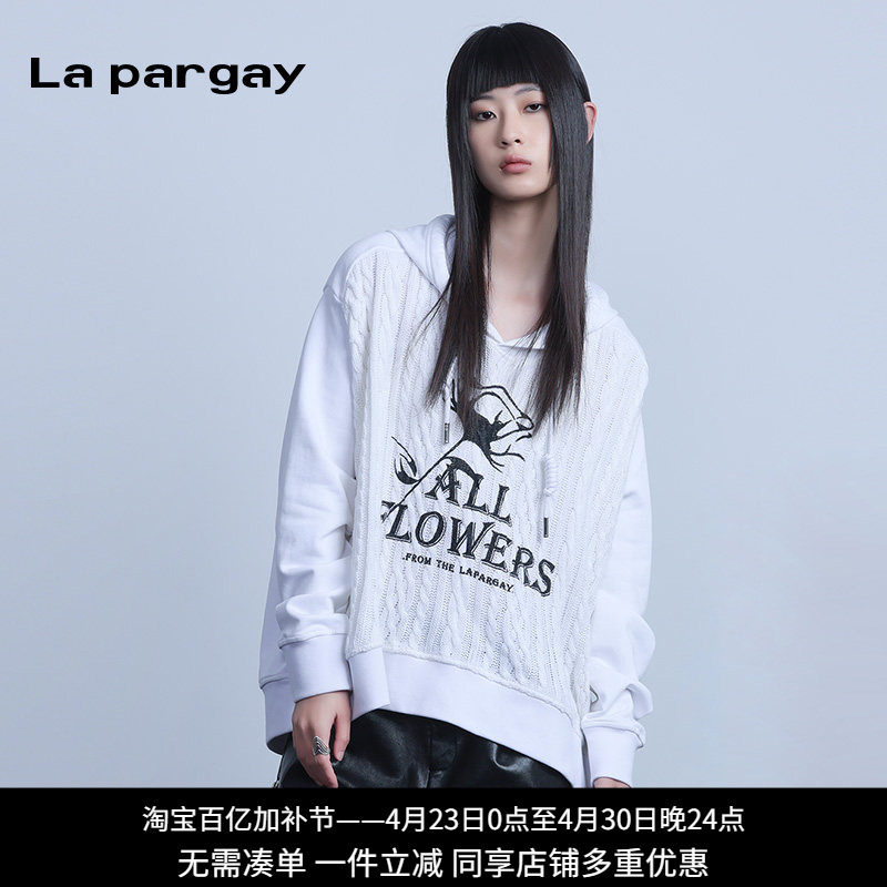 纳帕佳毛织拼接连帽卫衣2024春夏新款女式白色设计感宽松长袖上衣