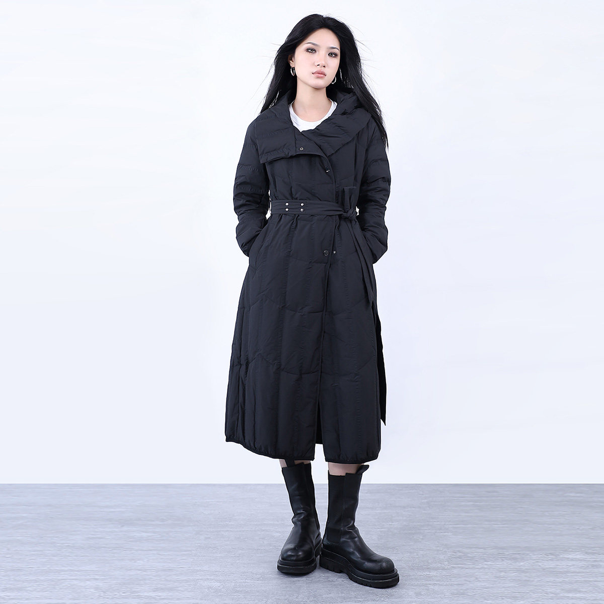 La pargay纳帕佳轻奢风过膝长款羽绒服女连帽系带收腰显瘦保外套