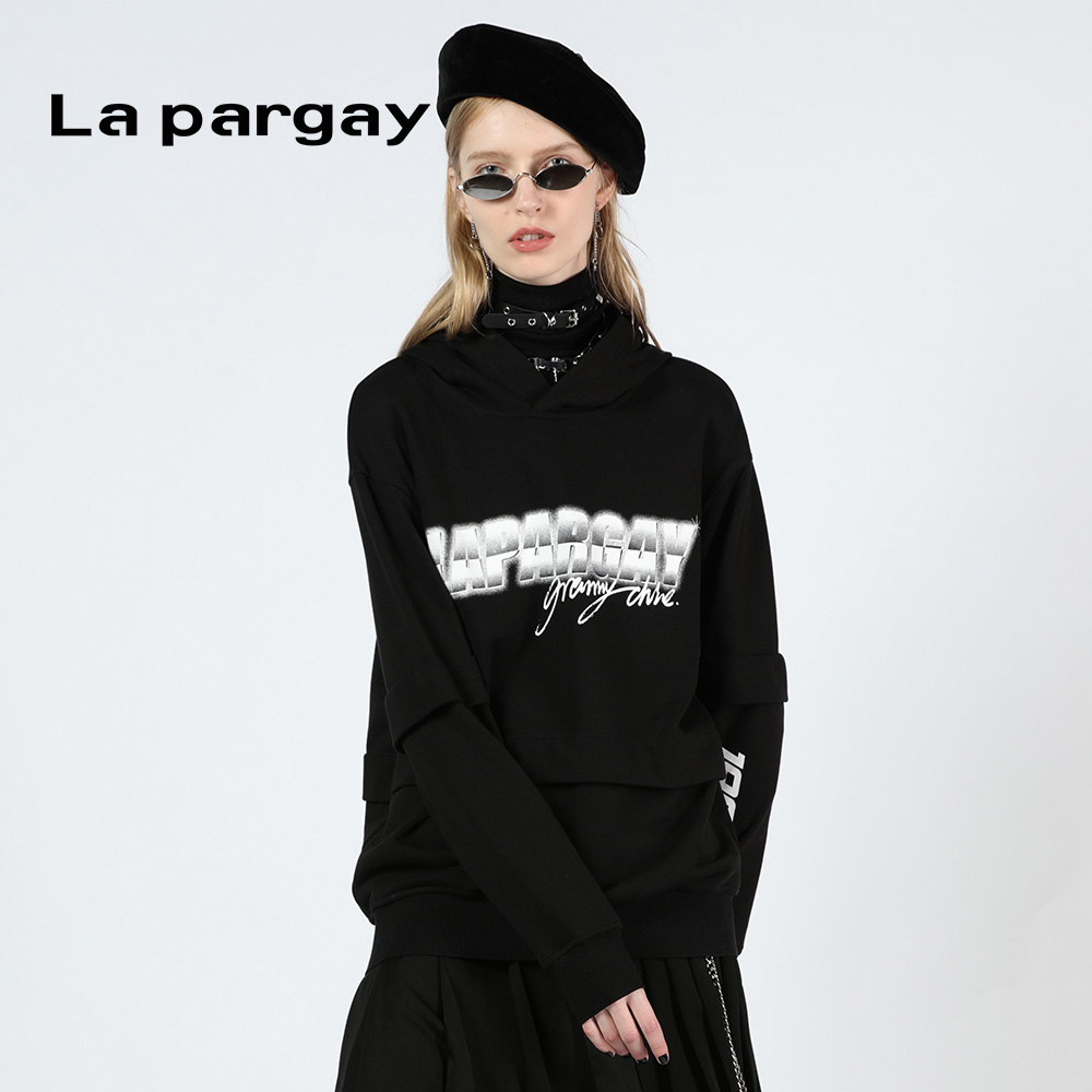 Lapargay纳帕佳2023秋冬新款女装黑白色连帽卫衣针织休闲外套上衣