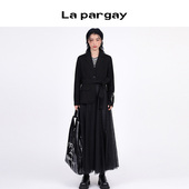 纳帕佳2024年春季 长外套 外套优雅个性 新款 黑色简约拼接网纱西装