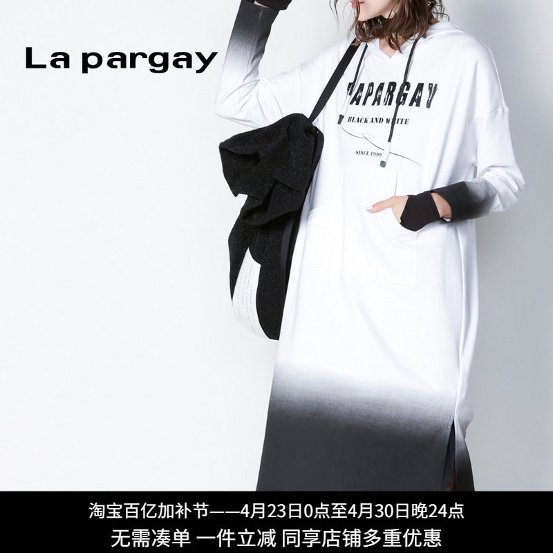 纳帕佳春季新款渐变印花连帽长袖打底简约连衣裙女中长裙专柜正品