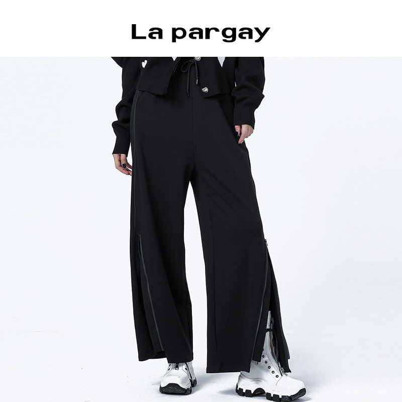 纳帕佳甜酷开衩阔腿裤2023秋冬新款女式黑色高腰宽松休闲百搭裤子