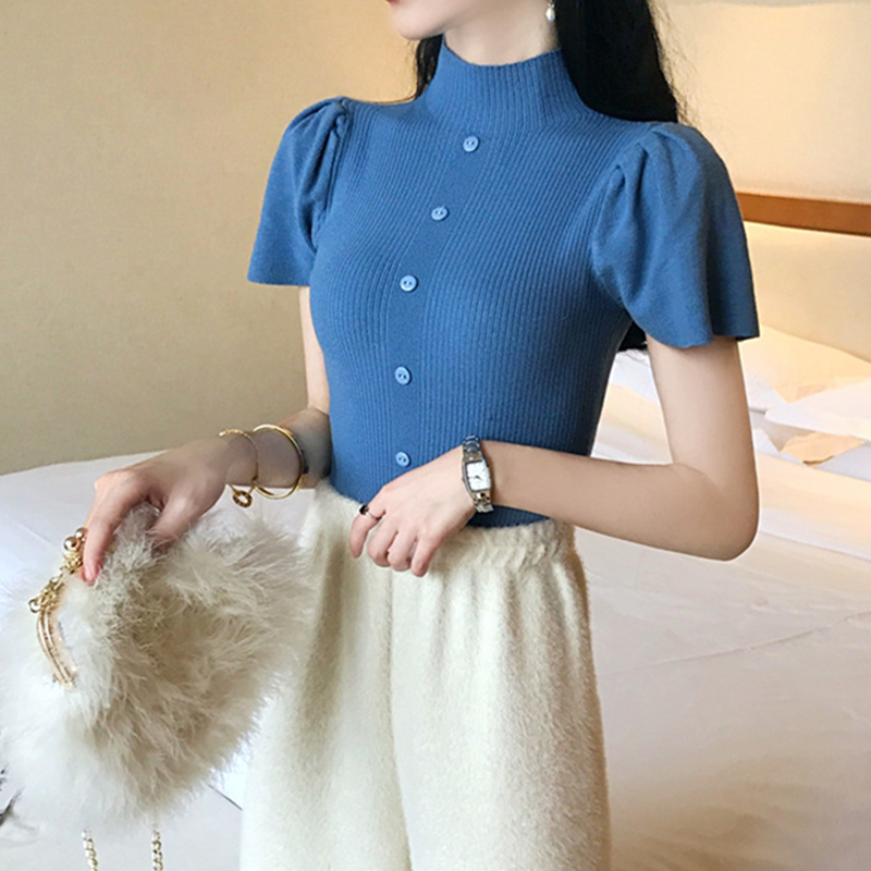 Real price Korean lantern bubble sleeve Knitted Top slim half high collar short sleeve T-shirt