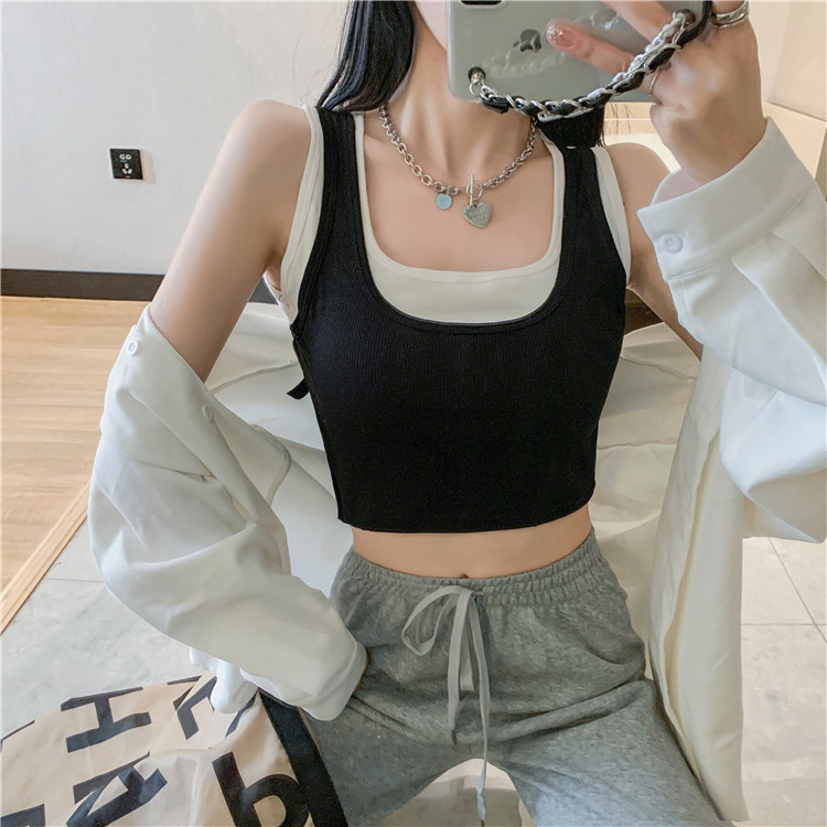 Real shot real price Korean version fake two pieces of sleeveless top short casual wear with bra backing