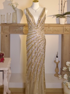 【纸醉金迷】香槟金色亮片鱼尾晚宴订婚敬酒服礼服裙