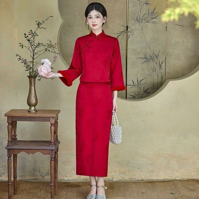 红色国风新中式冬季长袖旗袍外套马甲两件套装年轻款女复古秋冬装